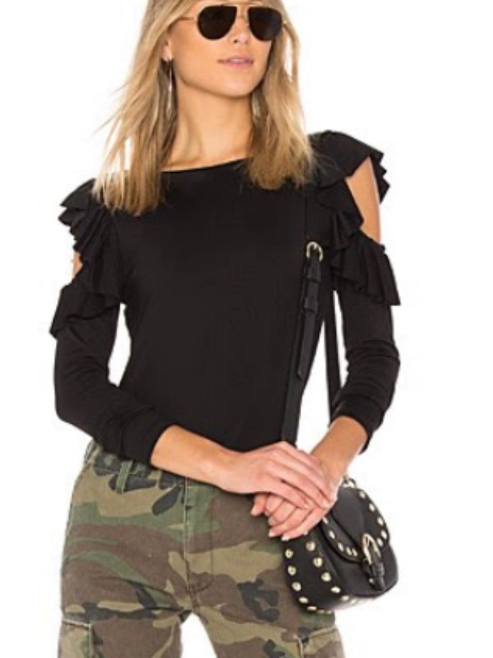 Susana Monaco Black Cold-Shoulder Ruffle Long-Sleeve Top